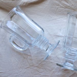 2 glass cups with handles & 2 snack dishes